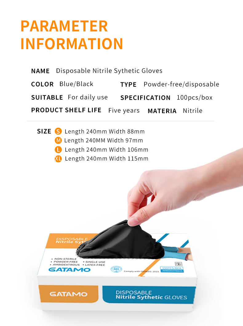 GATAMO Powder Free 100% Pure Nitrile Gloves - Black