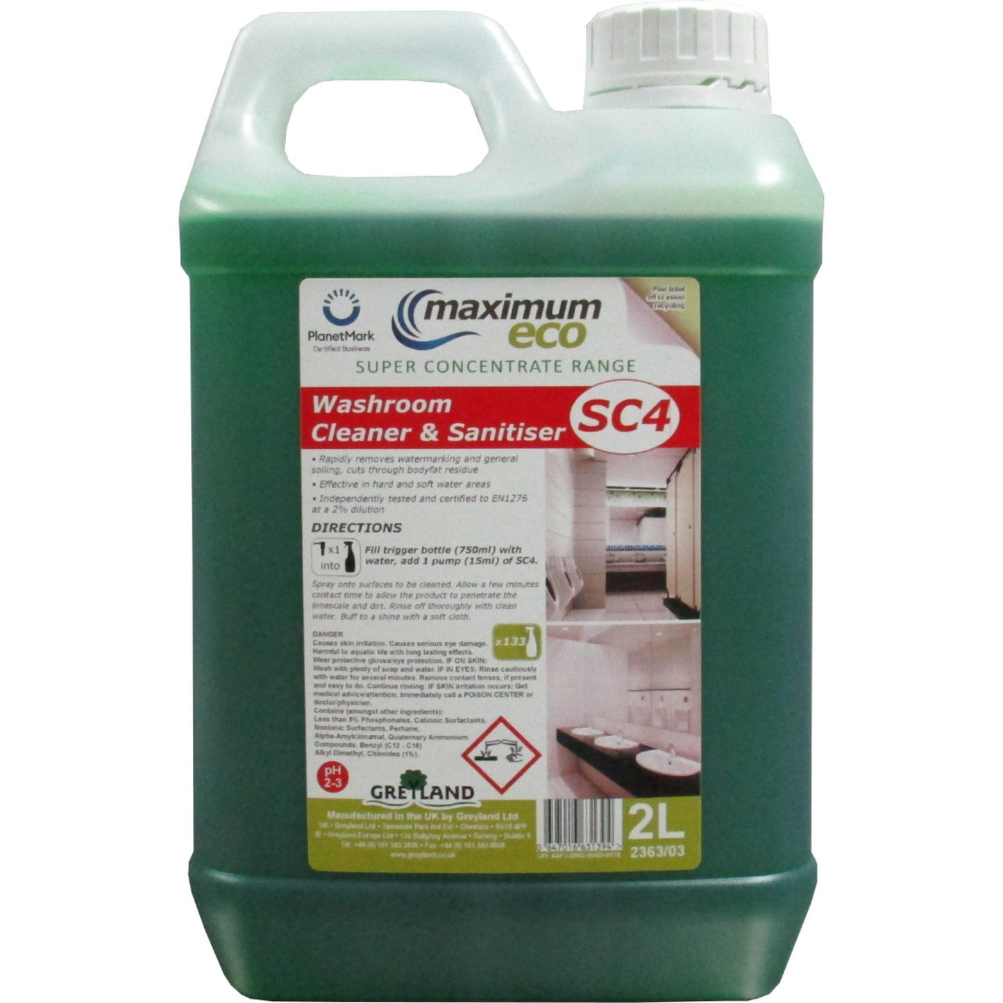 Greyland super concentrate four washroom cleaner and sanitiser two litre